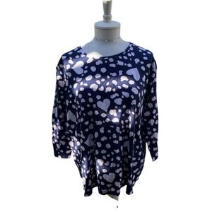 Kim Rogers Perfectly Soft Heart Print Knit Top Shirt Women's 1X Navy Pink